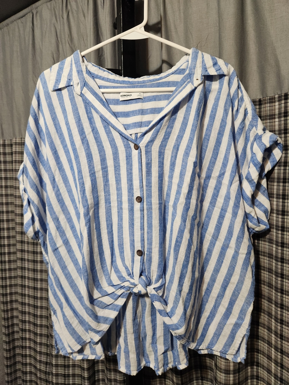 Sonoma Blue & White Striped Tie-Front Button-Up Shirt